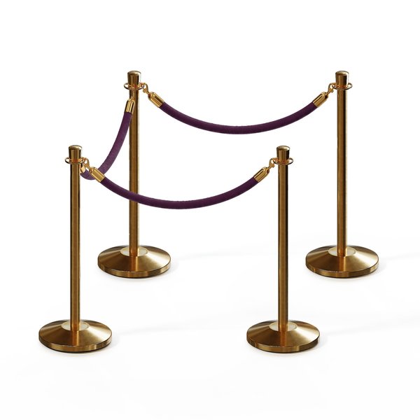 Montour Line Stanchion Post and Rope Kit Sat.Brass, 4 Crown Top 3 Purple Rope C-Kit-4-SB-CN-3-PVR-PE-PB